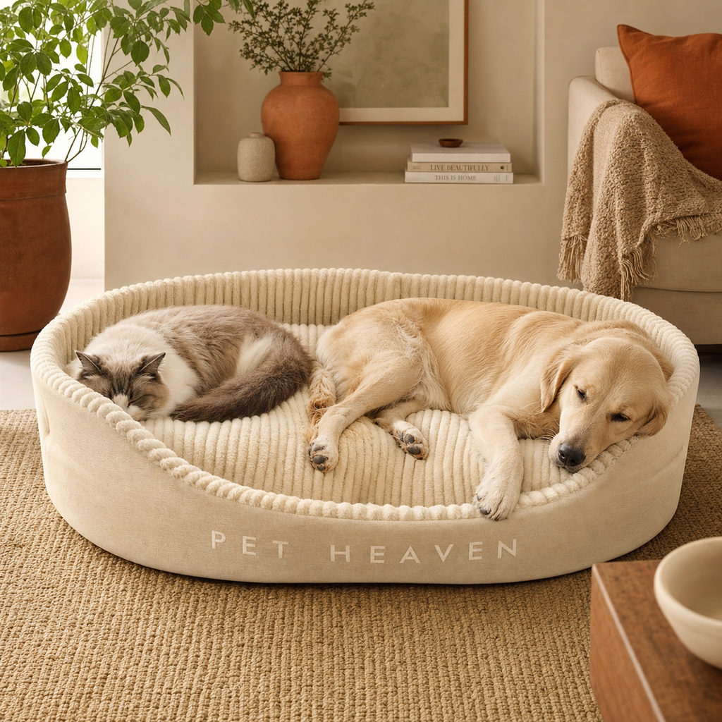 Dog and cat resting together on an all-season pet bed nest
