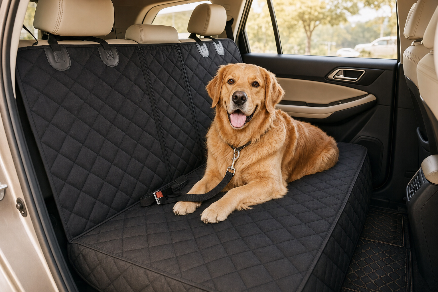 Dog lying on a waterproof car seat cover with middle armrest coverage in a back seat