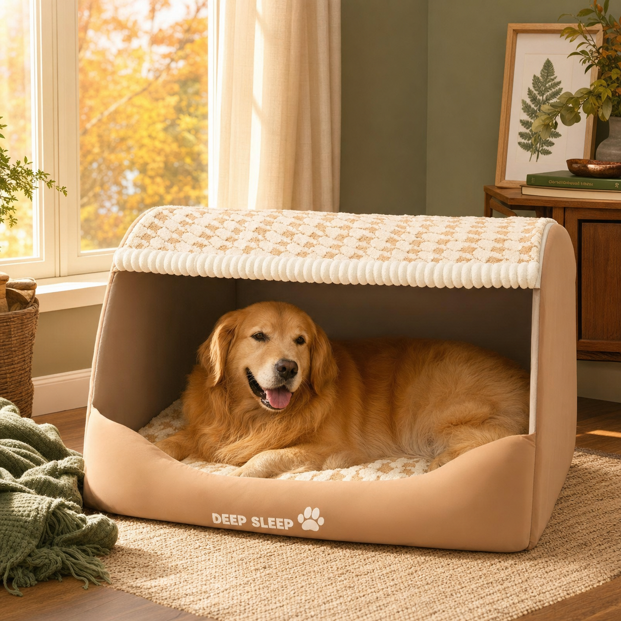 Golden retriever resting inside a quilted winter den-style dog bed