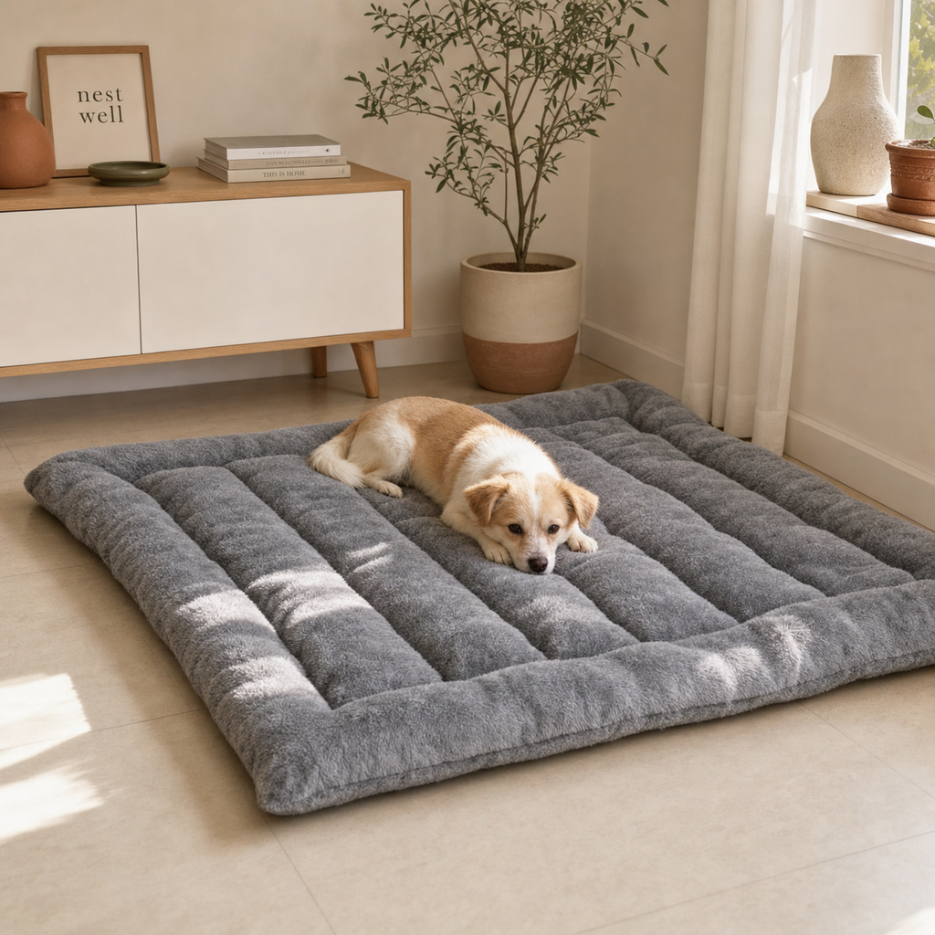 Dog lounging on an extra large plush sofa-style dog mat