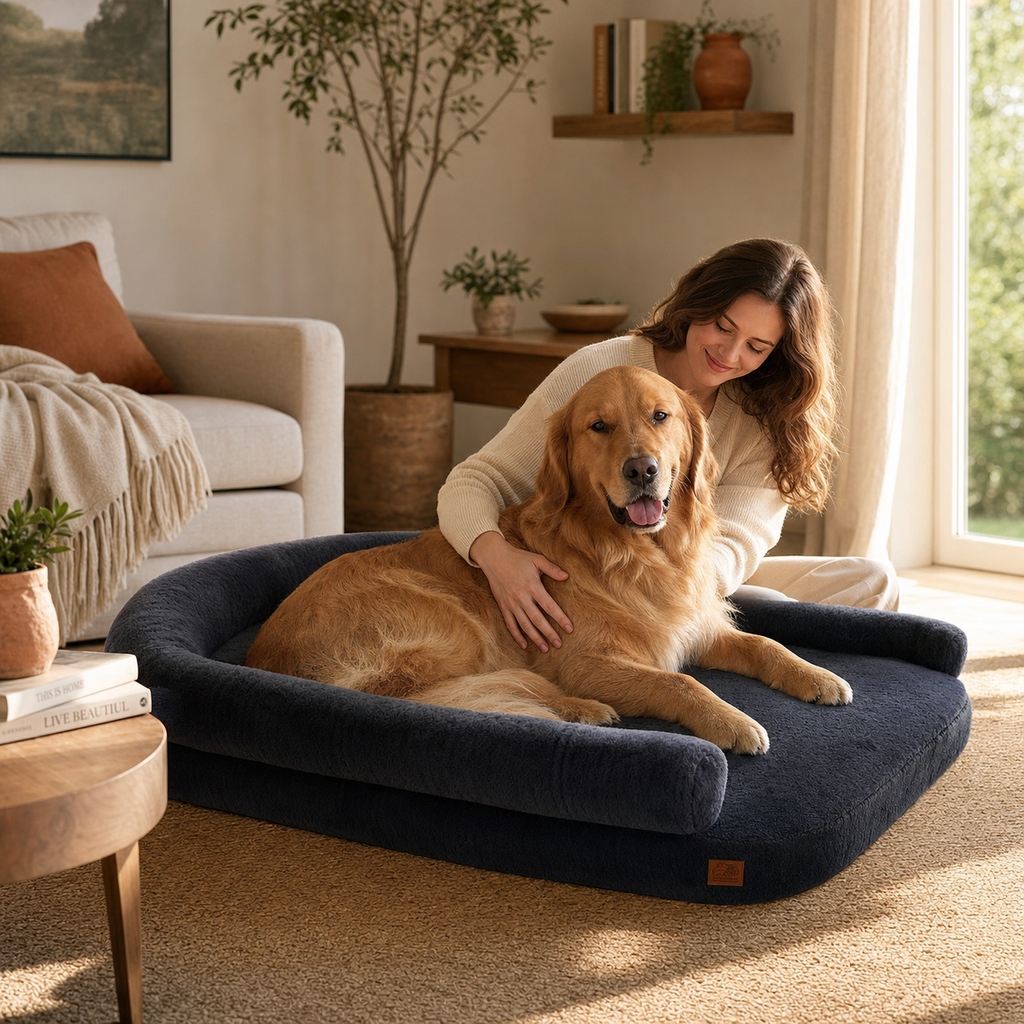 Woman petting a golden retriever resting on a foldable plush couch-style dog bed