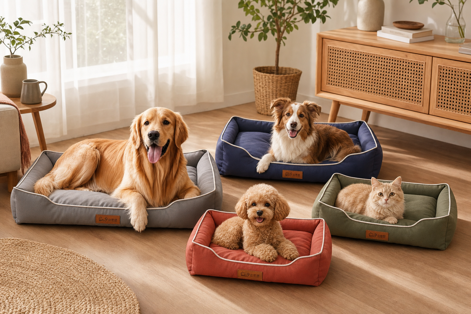 Three dogs of different sizes each resting in their own four season square dog beds