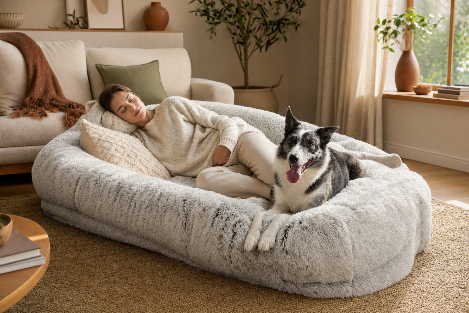 Person and dog sharing a giant plush human-sized dog bed