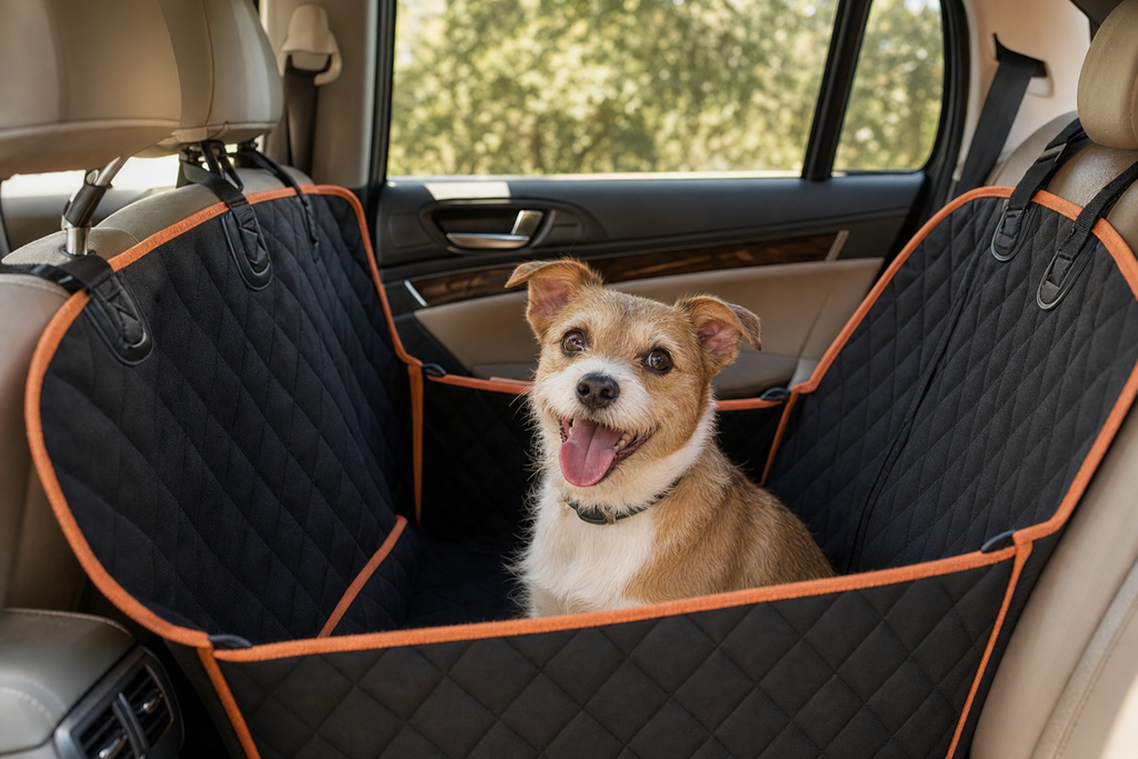 Small dog contained in a hammock-style car seat cover in the back seat
