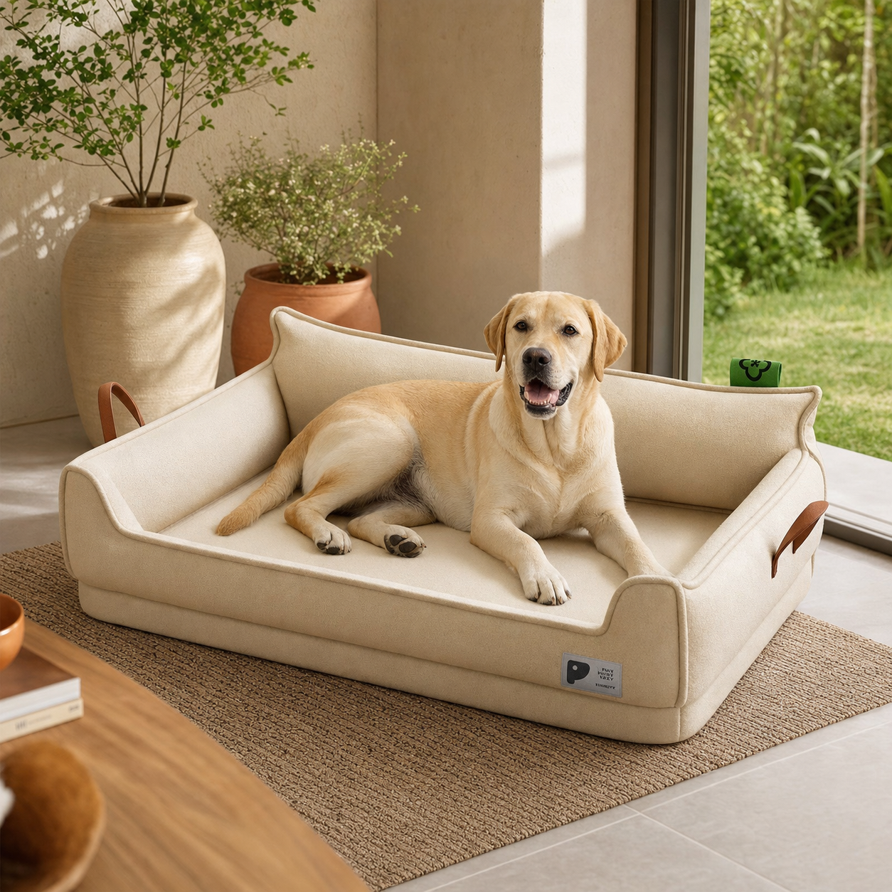 Medium dog resting in an insulated outdoor dog house with removable roof
