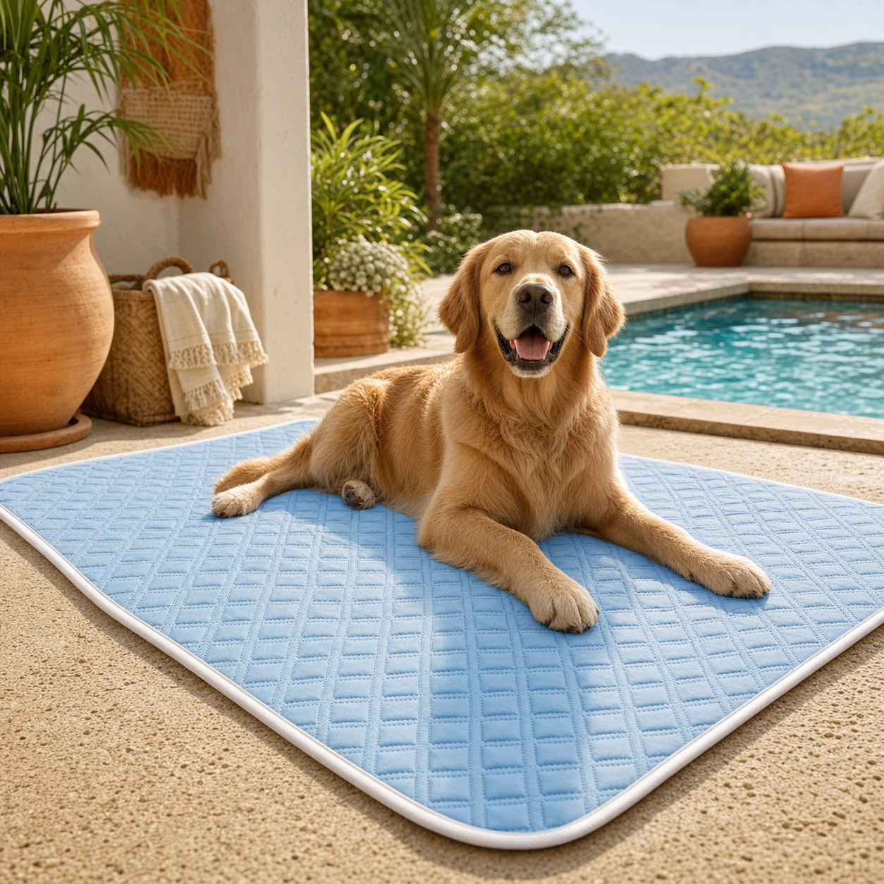 Dog lying on an ice silk cooling mat on the floor