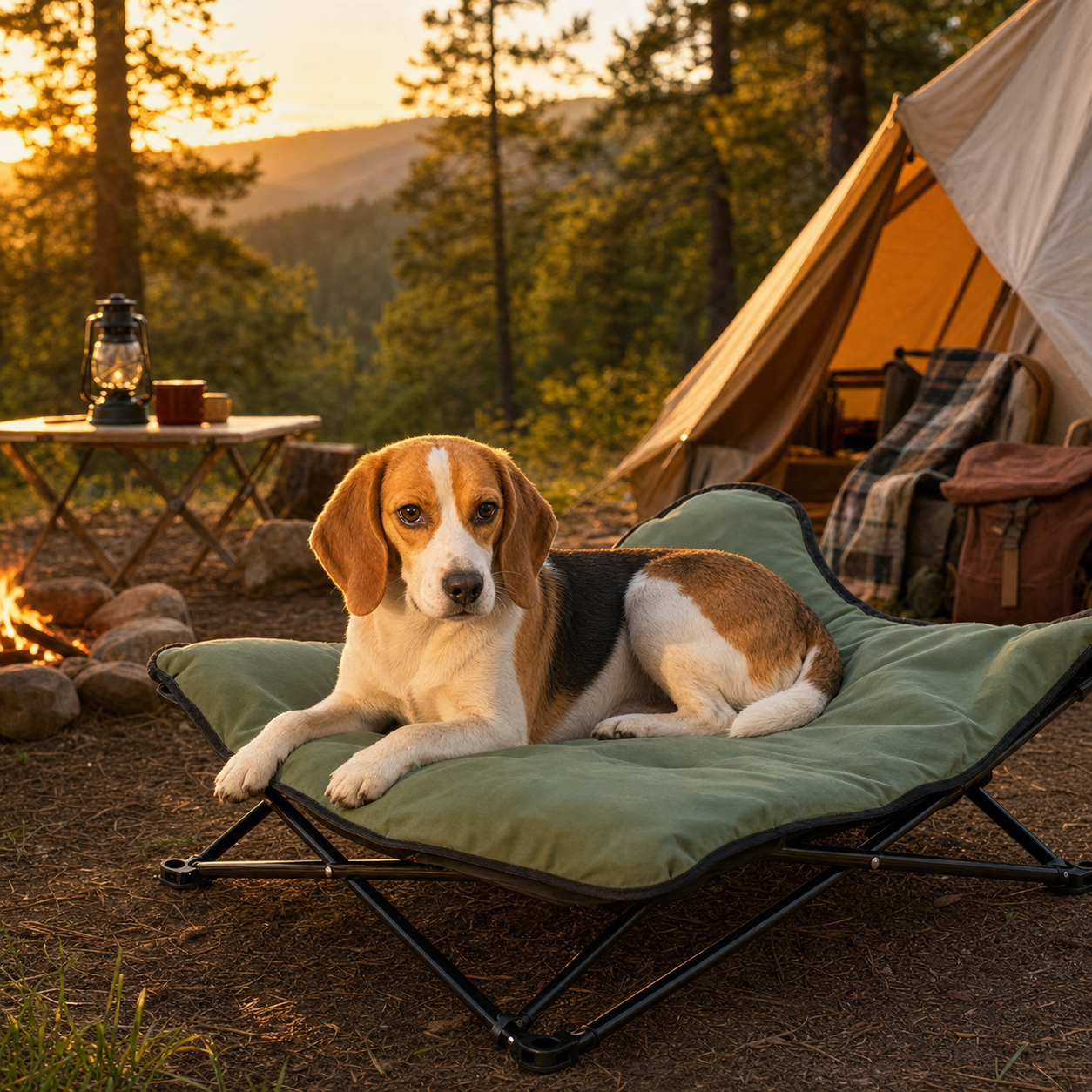 Golden retriever resting inside a foldable outdoor camping pet bed
