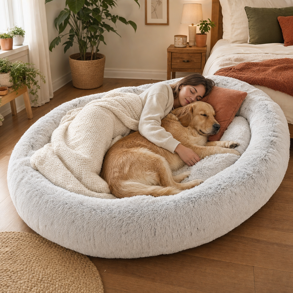 Adult and large dog sharing an oversized faux fur human dog bed