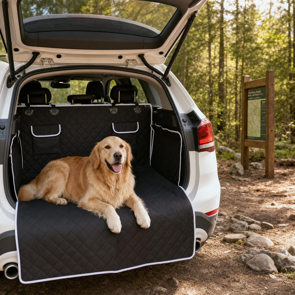 Large dog resting in a trunk cargo area protected by a waterproof cover