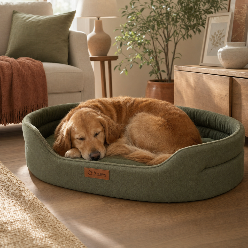 Large dog resting in a waterproof anti-mite square dog bed