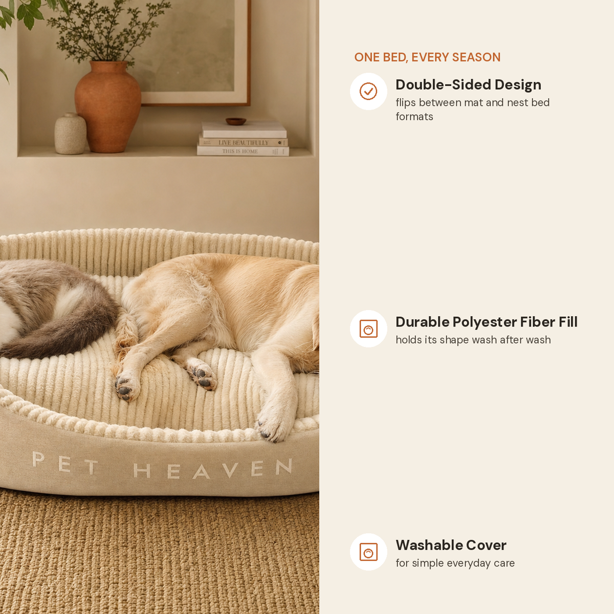 All-season pet nest feature highlights: double-sided design, durable polyester fiber fill, washable cover