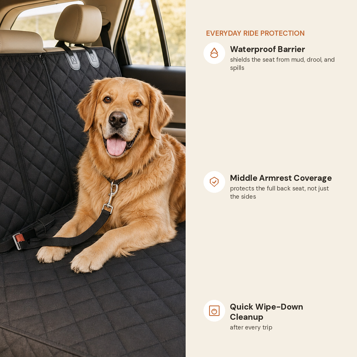 Dog car seat cover feature highlights: waterproof barrier, travel mattress, armrest coverage