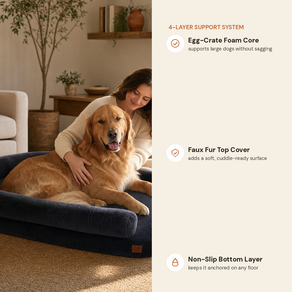Foldable plush couch bed feature highlights: egg-crate foam core, faux fur top cover, non-slip bottom layer