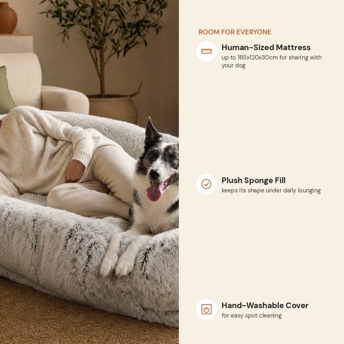 Giant plush human dog bed feature highlights: human-sized mattress, plush sponge fill, hand-washable cover