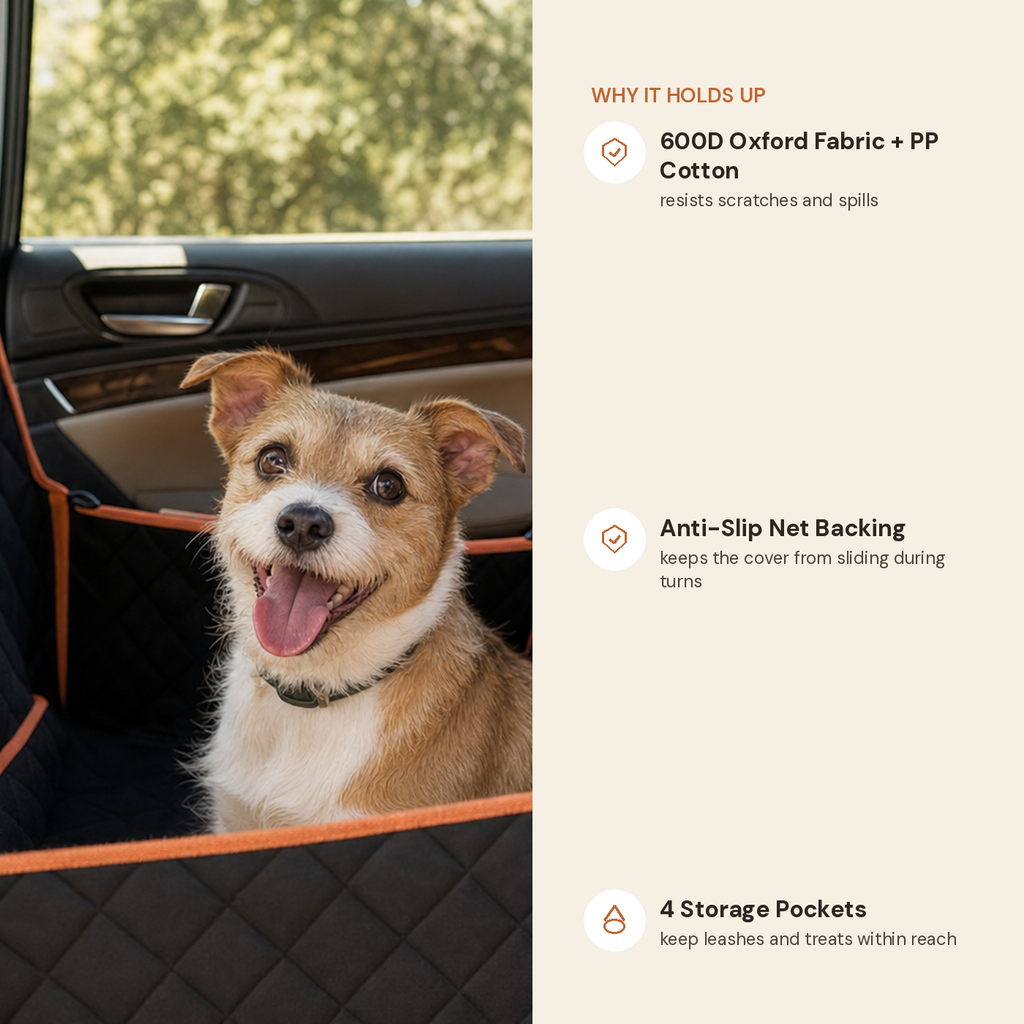 Hammock-style car seat cover feature highlights: side flap protection, 600D Oxford fabric, secure anchors