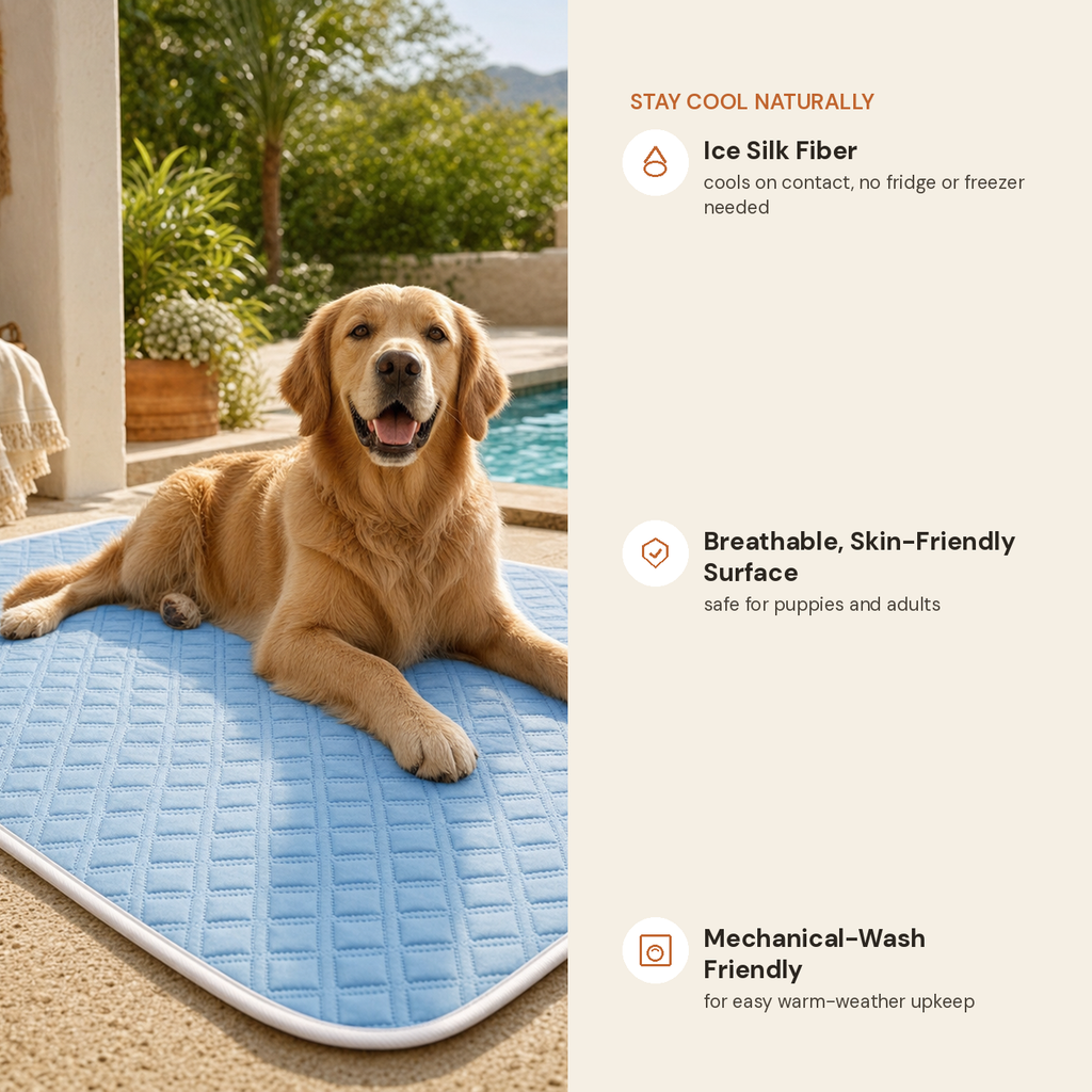 Ice silk cooling mat feature highlights: cools on contact, breathable surface, machine washable