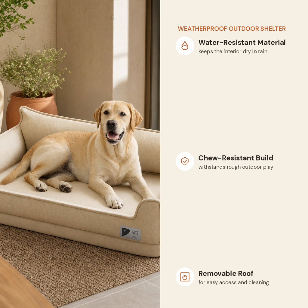 Insulated outdoor dog house feature highlights: water-resistant material, durable design, stain-resistant fabric