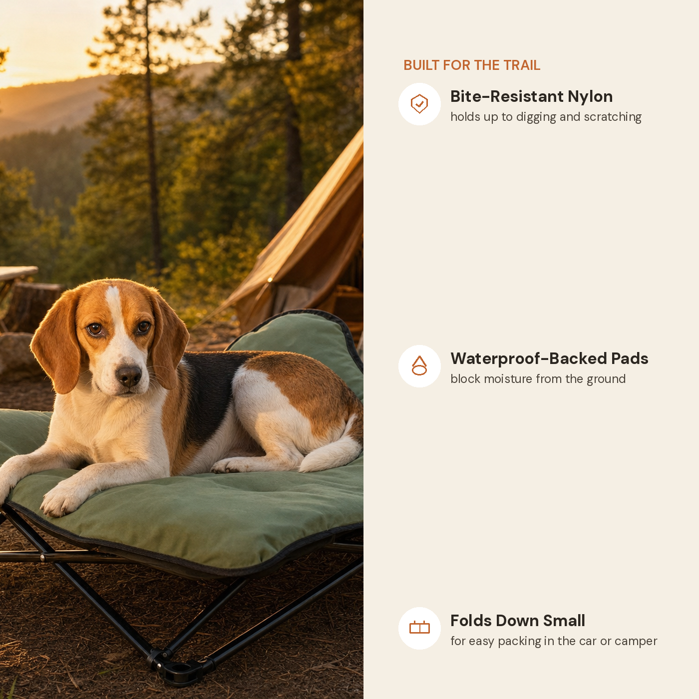 Foldable outdoor camping pet bed feature highlights: bite-resistant nylon, waterproof pads, folds down small