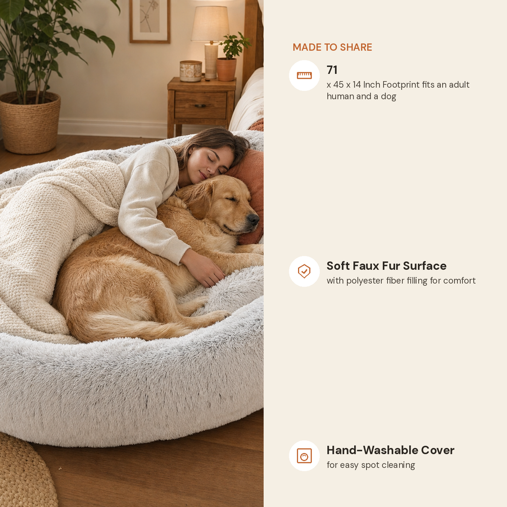 Premium human dog bed feature highlights: 71x45x14in footprint, washable faux fur, polyester fiber filling