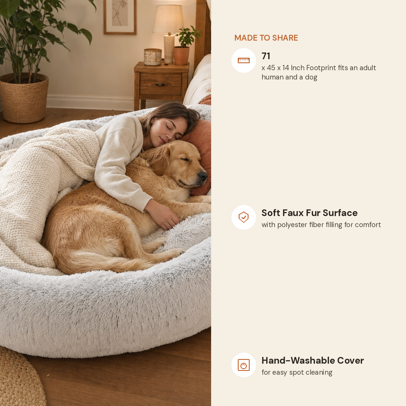 Premium human dog bed feature highlights: 71x45x14in footprint, washable faux fur, polyester fiber filling