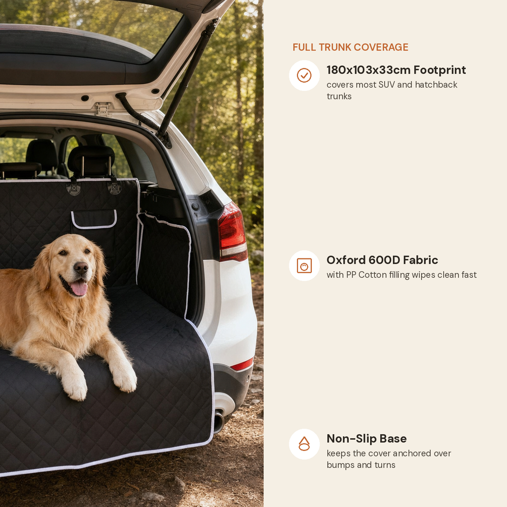 Trunk cargo dog cover feature highlights: 180x103x33cm size, Oxford 600D fabric, non-slip bottom