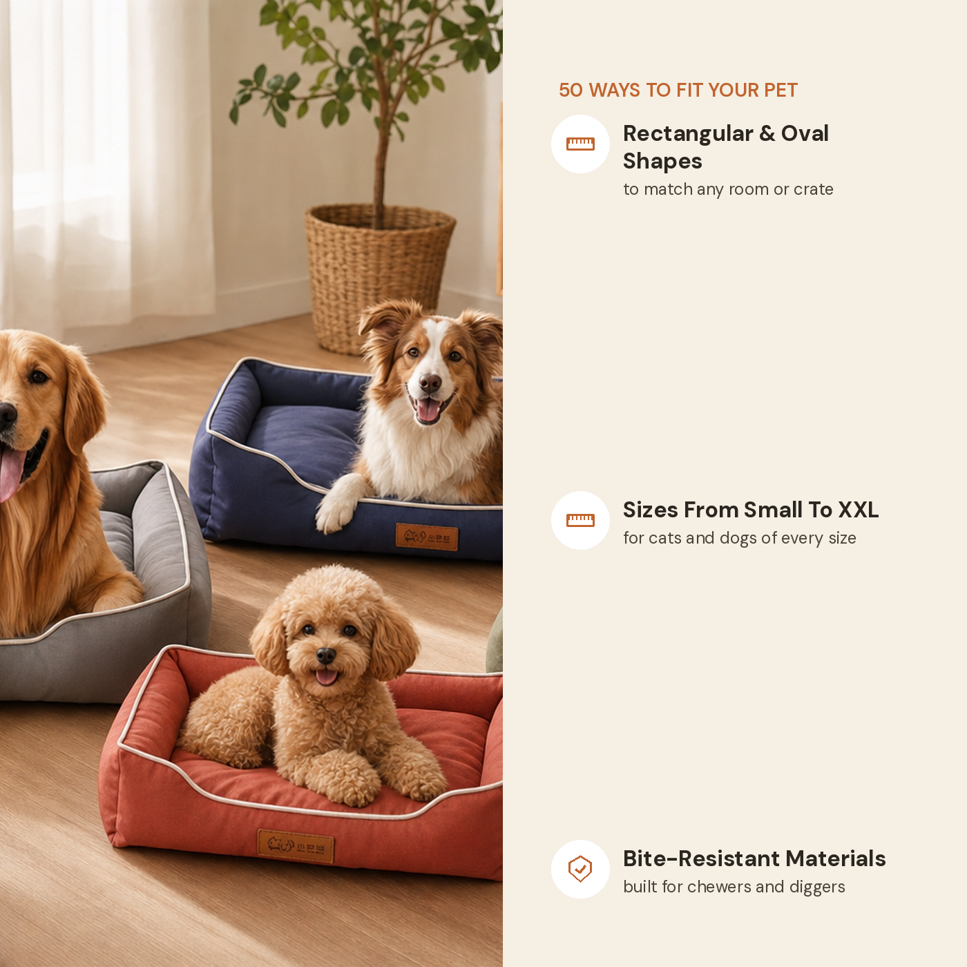 Four season square dog bed feature highlights: shapes, sizes, bite-resistant materials