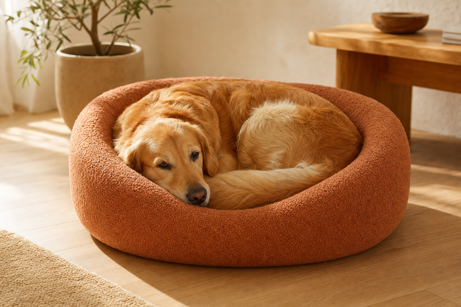 Golden retriever curled up in a plush terracotta orthopedic dog bed