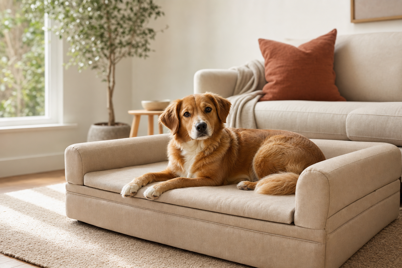 Dog resting on a foldable orthopedic sofa bed