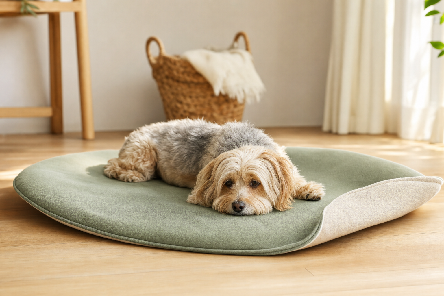 Small dog lying on a reversible sage green pet mat