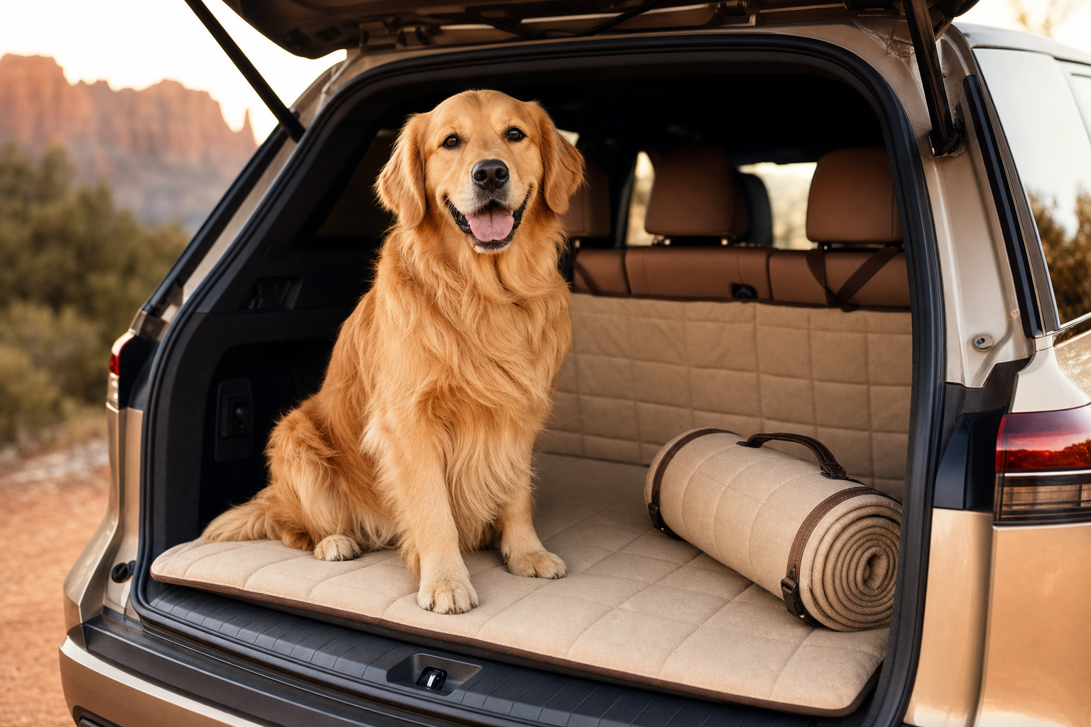 Golden retriever sitting on a padded travel mattress in a car trunk with a rolled travel mat, outdoor desert scenery