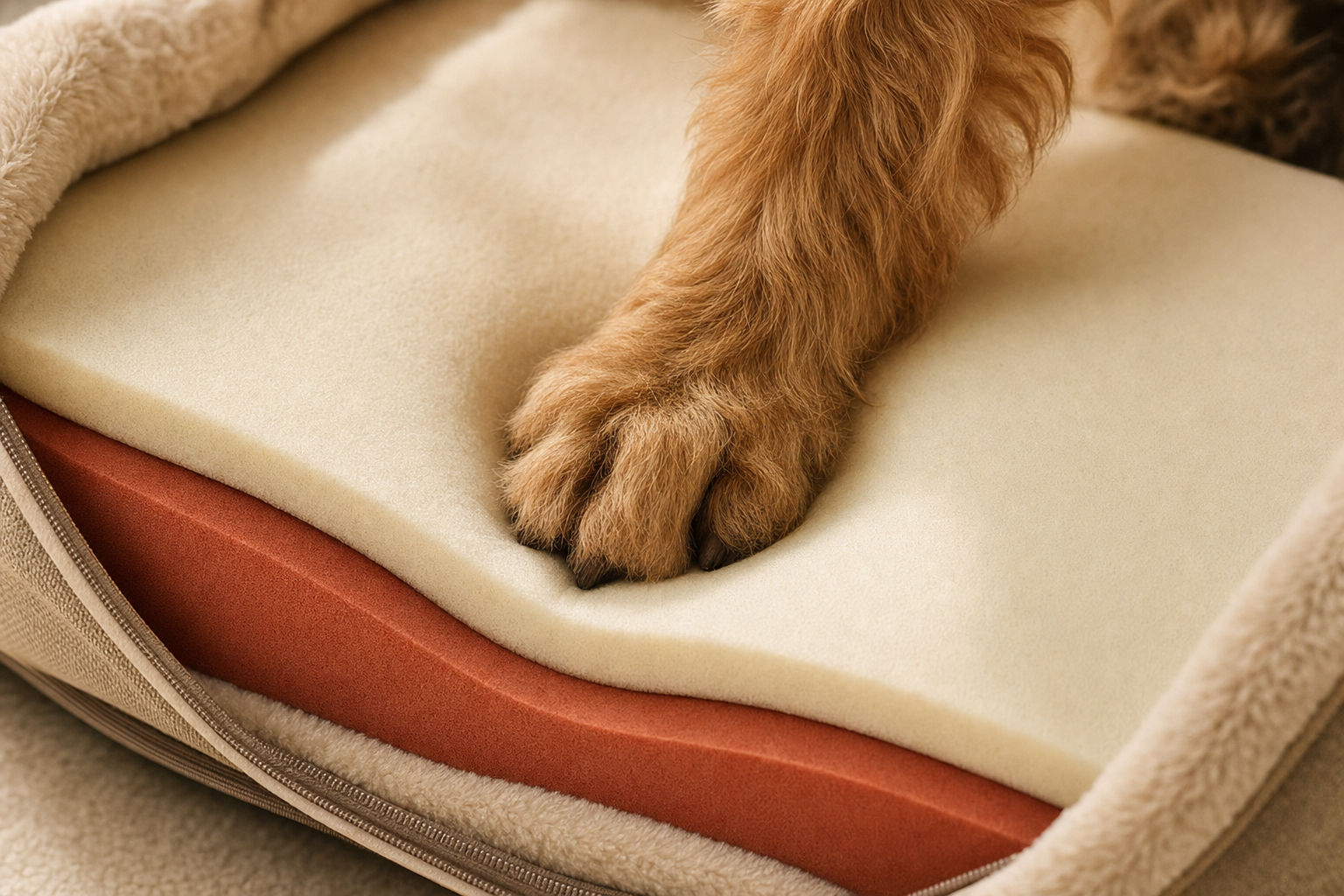 Close-up of a dog's paw sinking into the layered orthopedic foam of a Nestwell dog bed