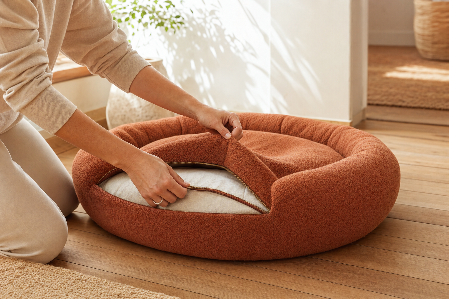 Removing the machine-washable cover from a Nestwell dog bed at home